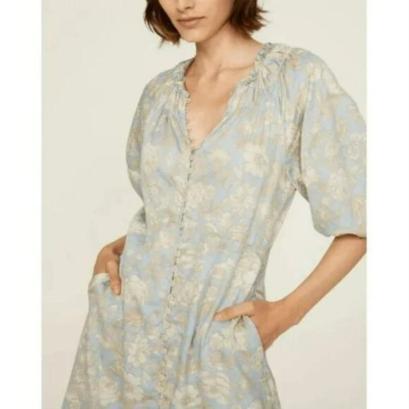 Rebecca Taylor Maxi Floral Print A-Line Scoop Neck Puff Short Sleeve Dress Sz L - Picture 3 of 15